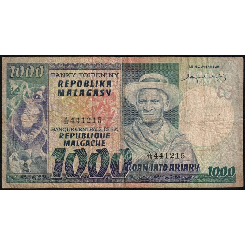 Madagascar - Pick 65 - 1'000 francs - 200 ariary - Série A/39 - 1974 - Etat : B+