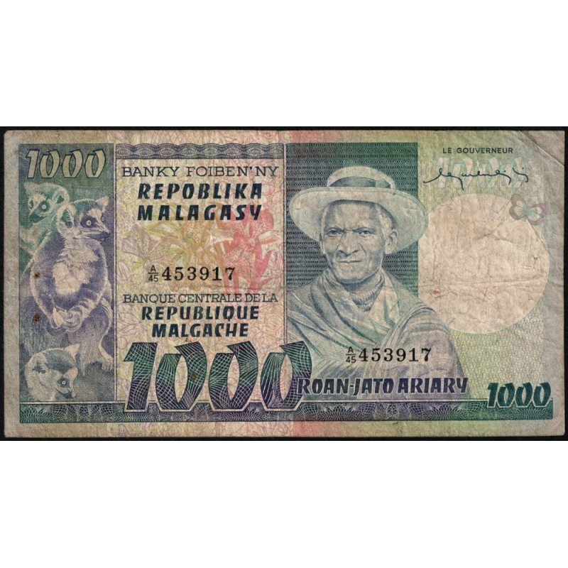 Madagascar - Pick 65 - 1'000 francs - 200 ariary - Série A/45 - 1974 - Etat : B+