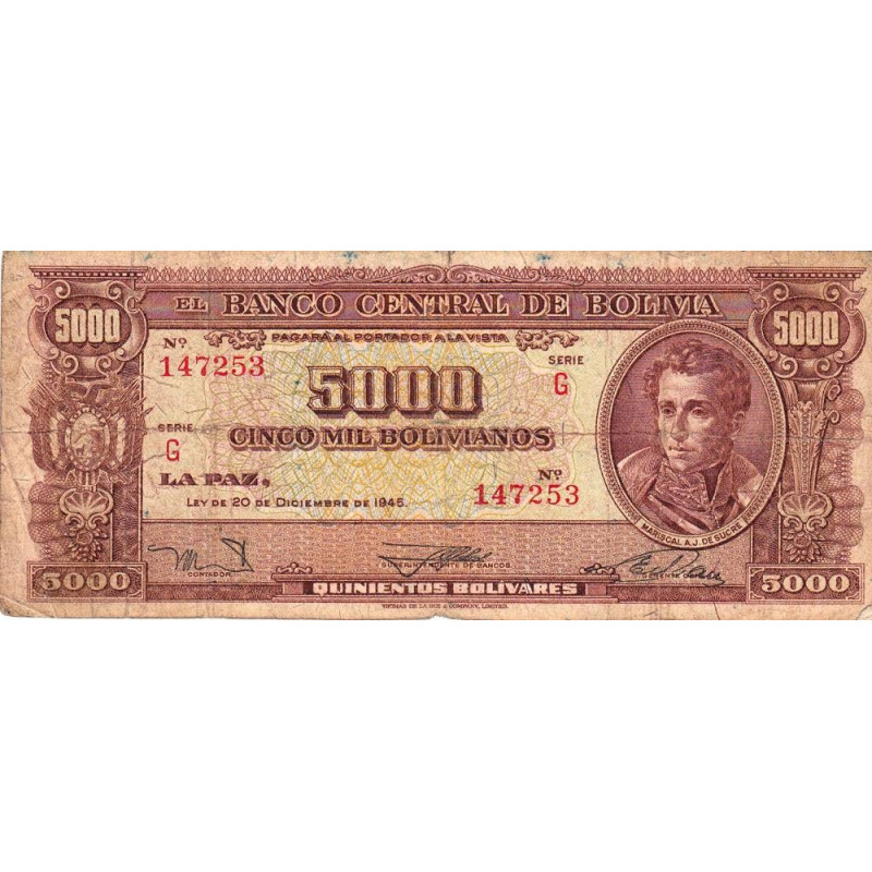 Bolivie - Pick 150_4 - 5'000 bolivianos - Série G - Loi 1945 (1957) - Etat : B+