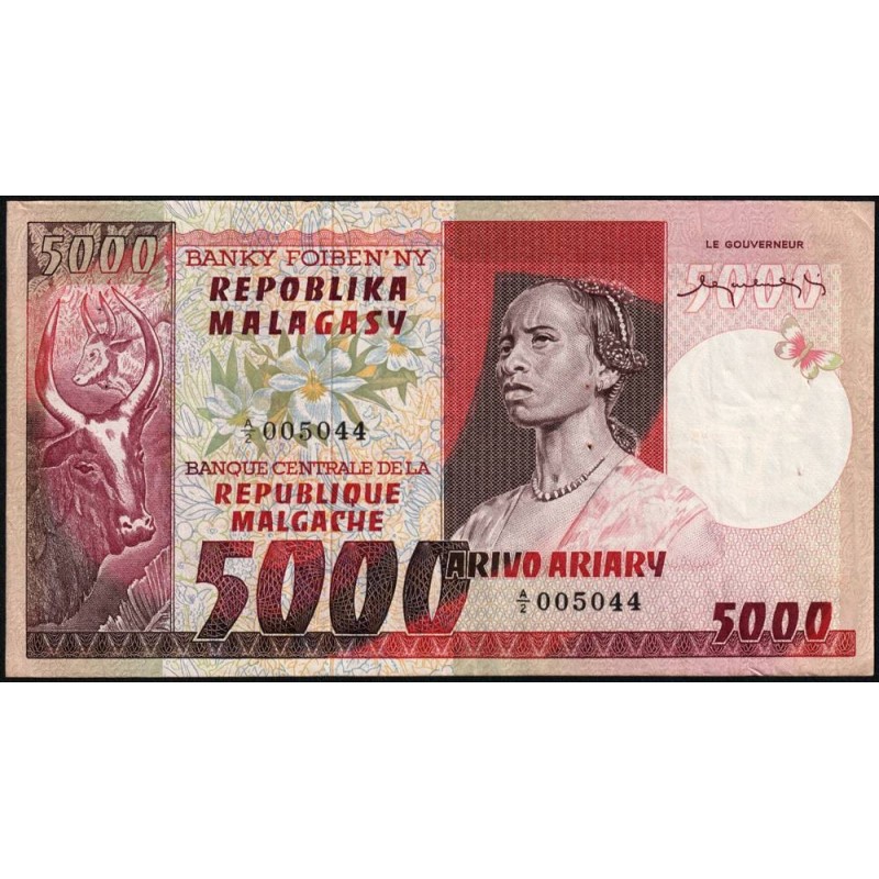 Madagascar - Pick 66 - 5'000 francs - 1'000 ariary - Série A/2 - 1974 - Etat : TTB