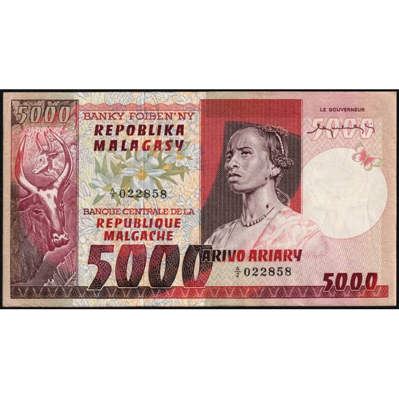 Madagascar - Pick 66 - 5'000 francs - 1'000 ariary - Série A/2 - 1974 - Etat : TTB+