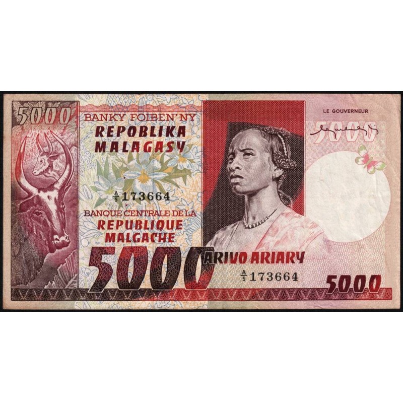 Madagascar - Pick 66 - 5'000 francs - 1'000 ariary - Série A/5 - 1974 - Etat : TTB