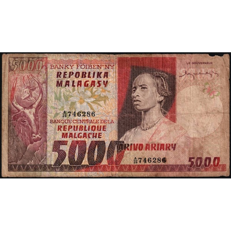 Madagascar - Pick 66 - 5'000 francs - 1'000 ariary - Série A/26 - 1974 - Etat : B-