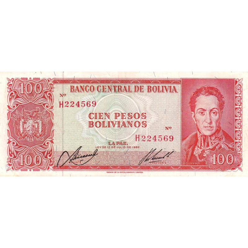 Bolivie - Pick 163a9 - 100 pesos bolivianos - Loi 1962 (1972) - Etat : TTB