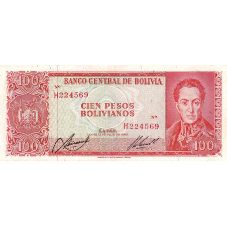 Bolivie - Pick 163a9 - 100 pesos bolivianos - Loi 1962 (1972) - Etat : TTB