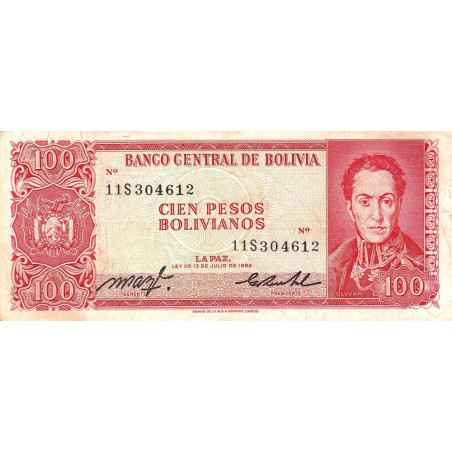 Bolivie - Pick 164a1 - 100 pesos bolivianos - Loi 1962 (1982) - Etat : TB+