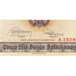 Bolivie - Pick 168a1 - 5'000 pesos bolivianos - Loi 1984 - Série A - Etat : TTB