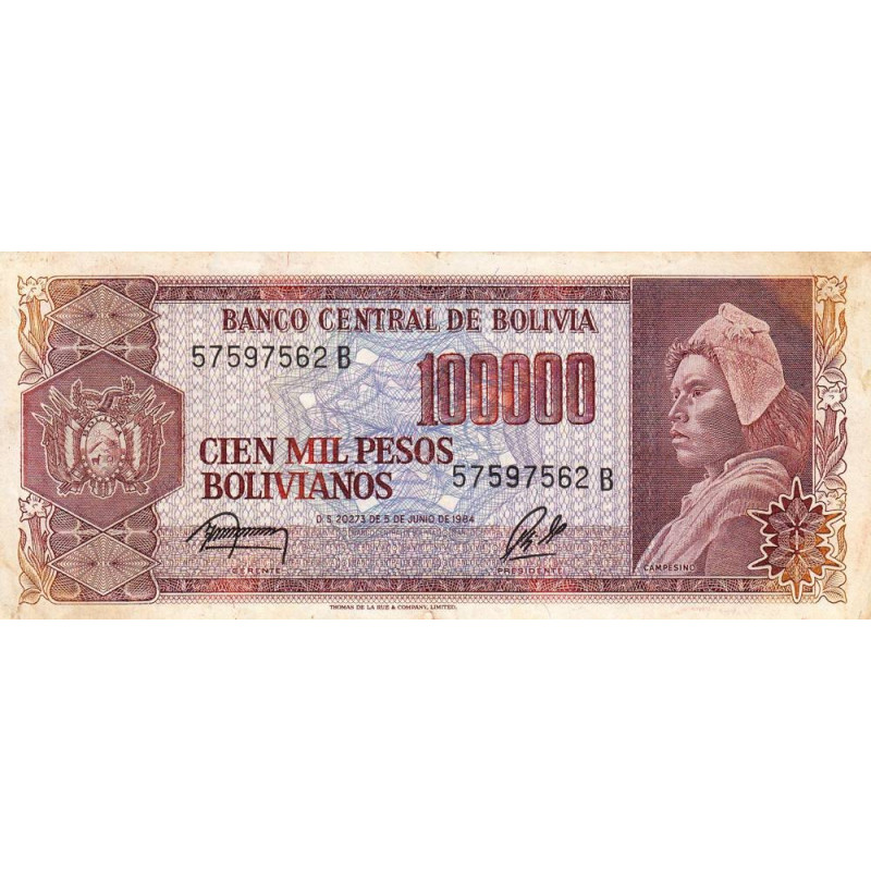 Bolivie - Pick 171a2 - 100'000 pesos bolivianos - Loi 1984 - Série B - Etat : TB+