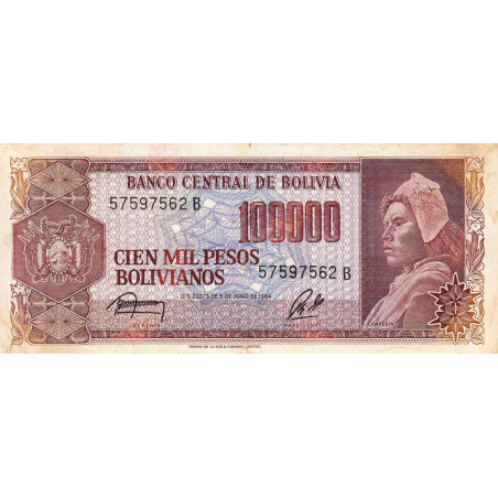 Bolivie - Pick 171a2 - 100'000 pesos bolivianos - Loi 1984 - Série B - Etat : TB+