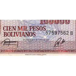 Bolivie - Pick 171a2 - 100'000 pesos bolivianos - Loi 1984 - Série B - Etat : TB+