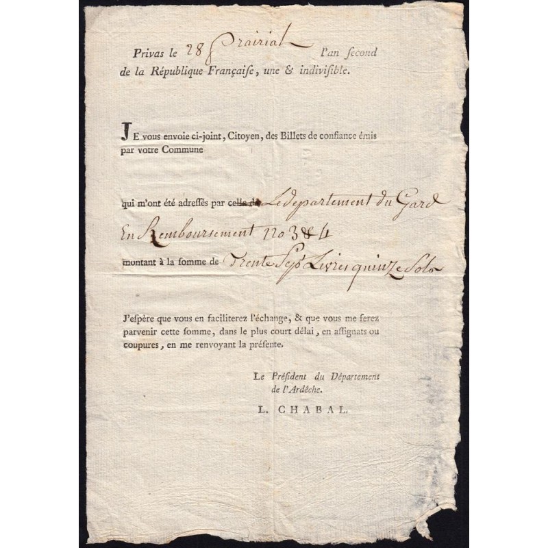 Ardèche - Privas - Document échange contre assignats - 16/06/1794 - Etat : SUP