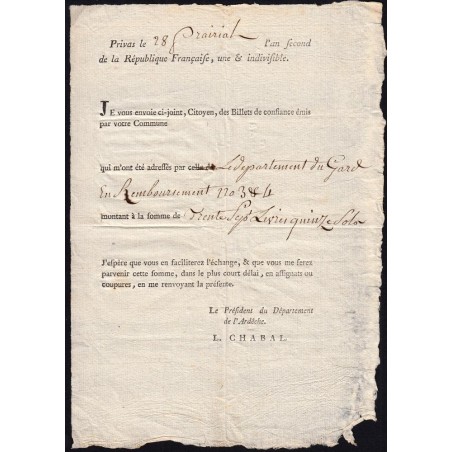 Ardèche - Privas - Document échange contre assignats - 16/06/1794 - Etat : SUP