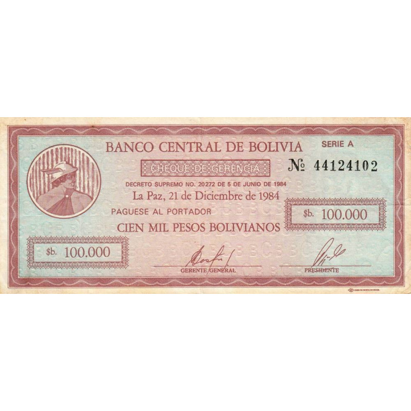 Bolivie - Pick 188 - 100'000 pesos bolivianos - Série A - Loi 1984 - Etat : TTB