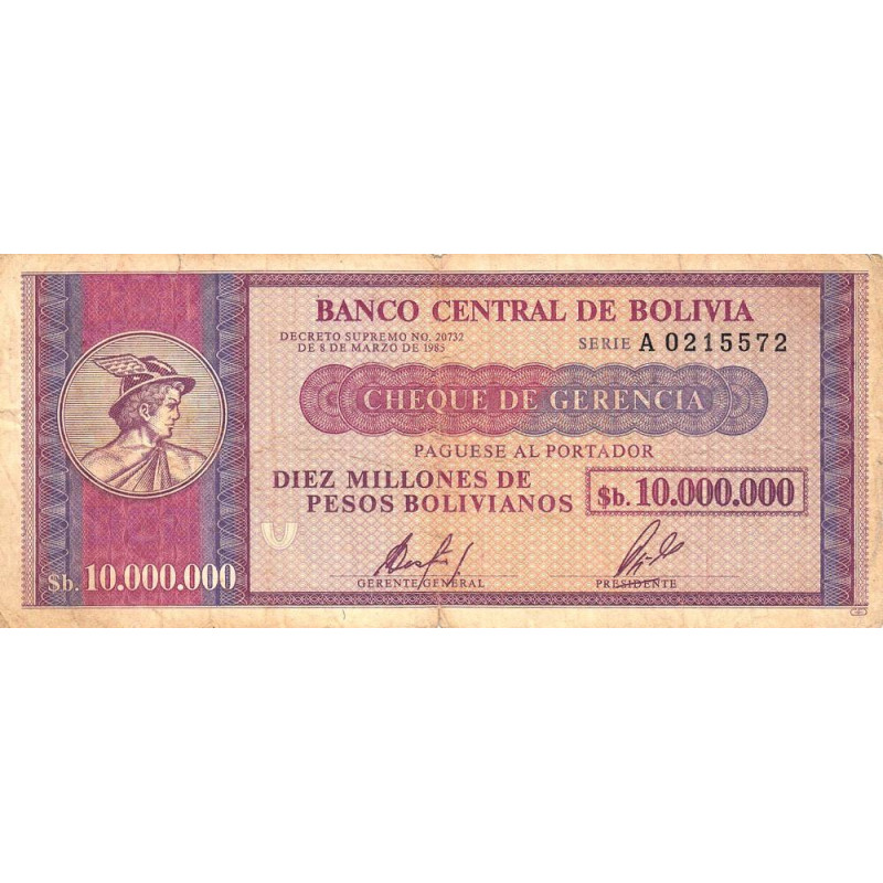 Bolivie - Pick 192 - 10'000'000 pesos bolivianos - Série A - Loi 1985 - Etat : TB+