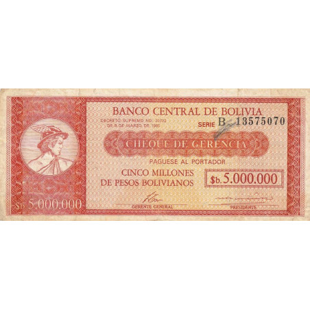 Bolivie - Pick 200a - 5 bolivianos sur 5'000'000 pesos bolivianos - Loi 1985 (1987) - Série B - Etat : TB