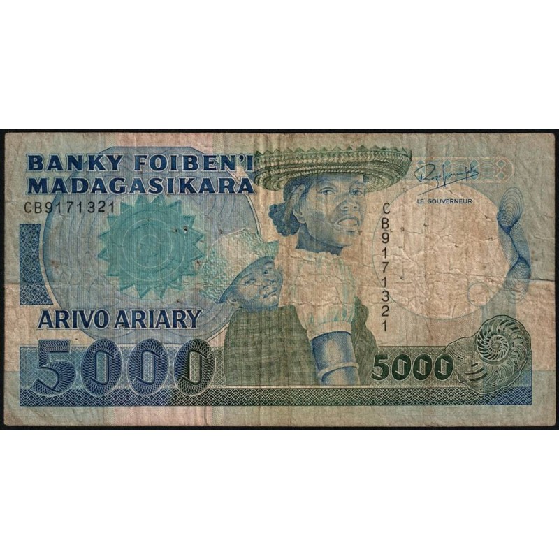 Madagascar - Pick 73b - 5'000 francs - 1'000 ariary - Série CB - 1992 - Etat : B