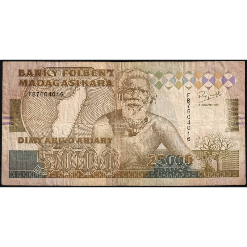 Madagascar - Pick 74Aa - 25'000 francs - 5'000 ariary - Série FB - 1993 - Etat : B+
