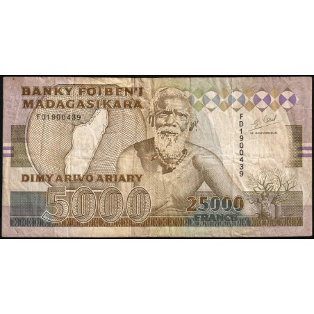 Madagascar - Pick 74Ab - 25'000 francs - 5'000 ariary - Série FD - 1996 - Etat : B+