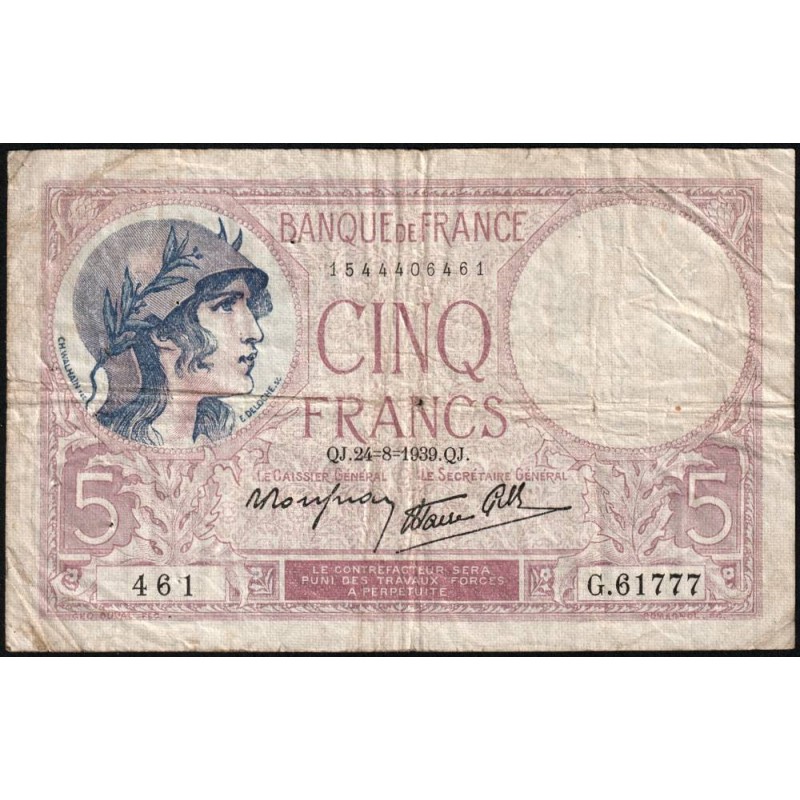 F 04-07 - 24/08/1939 - 5 francs - Violet modifié - Série G.61777 - Etat : TB-