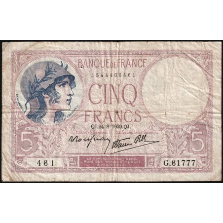 F 04-07 - 24/08/1939 - 5 francs - Violet modifié - Série G.61777 - Etat : TB-