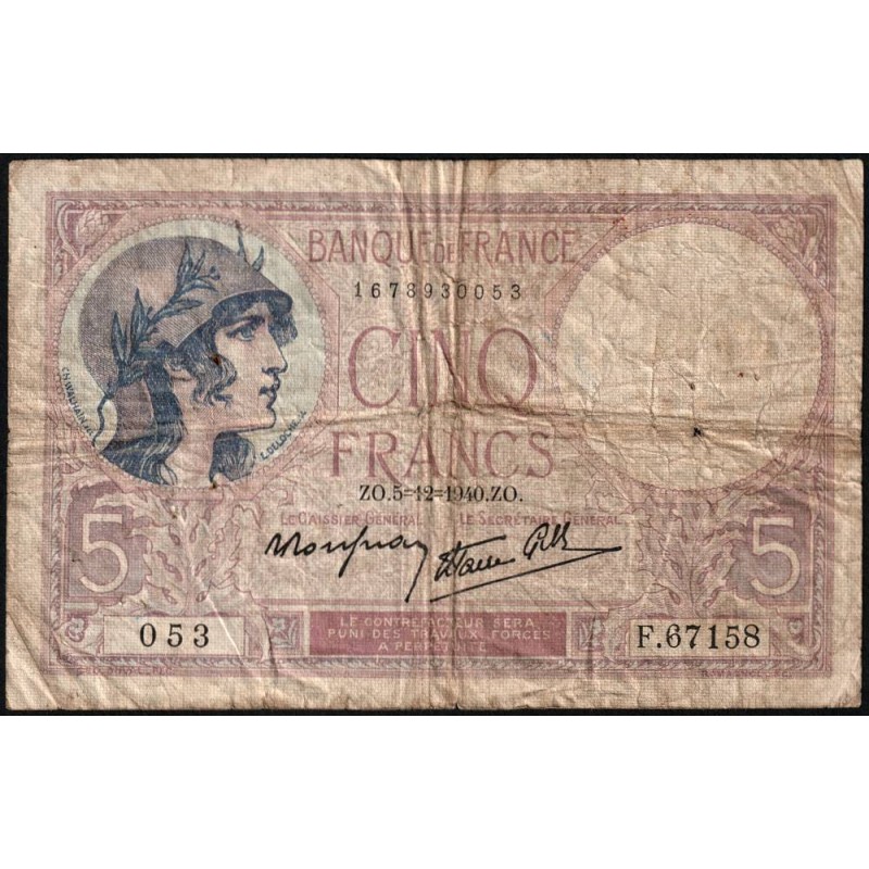 F 04-16 - 05/12/1940 - 5 francs - Violet modifié - Série F.67158 - Etat : B