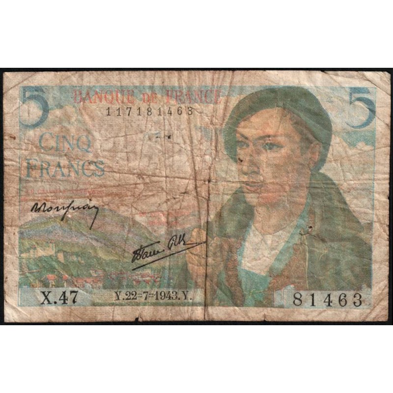 F 05-02 - 22/07/1943 - 5 francs - Berger - Série X.47 - Etat : B-