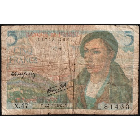 F 05-02 - 22/07/1943 - 5 francs - Berger - Série X.47 - Etat : B-