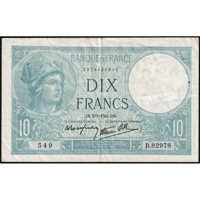 F 07-26 - 02/01/1941 - 10 francs - Minerve modifié - Série B.82978 - Etat : TTB
