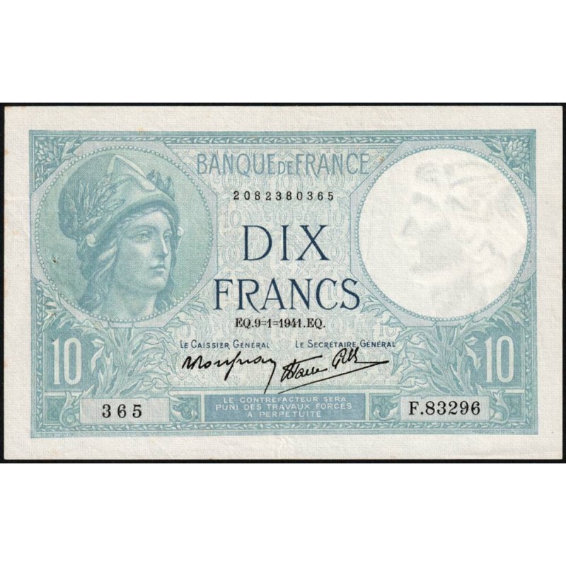 F 07-27 - 09/01/1941 - 10 francs - Minerve modifié - Série F.83296 - Etat : SUP-