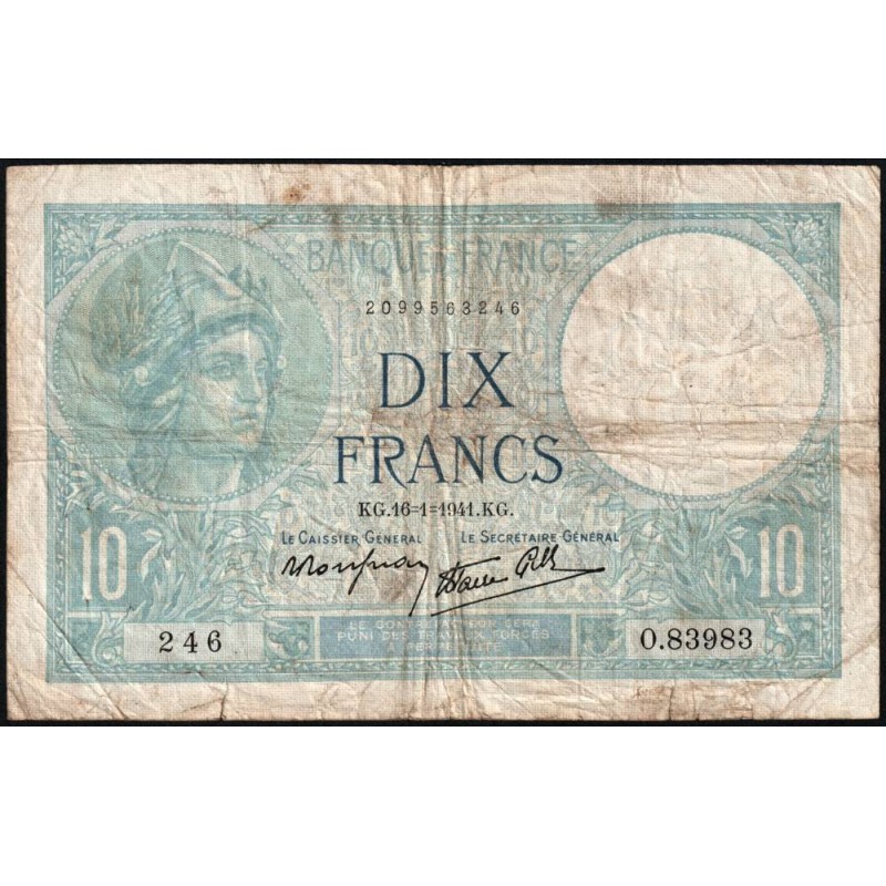 F 07-28 - 16/01/1941 - 10 francs - Minerve modifié - Série O.83983 - Etat : TB-