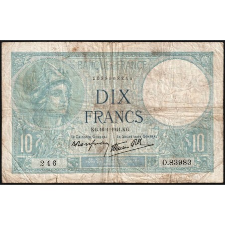 F 07-28 - 16/01/1941 - 10 francs - Minerve modifié - Série O.83983 - Etat : TB-