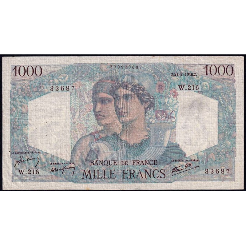 F 41-11 - 21/02/1946 - 1000 francs - Minerve et Hercule - Série W.216 (remplacement) - Etat : TB+