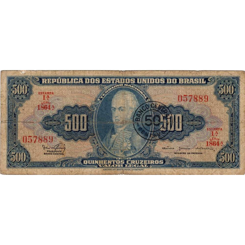 Brésil - Pick 186a - 50 centavos / 500 cruzeiros - Série 1864 - Estampa 1 - 1967 - Etat : TB