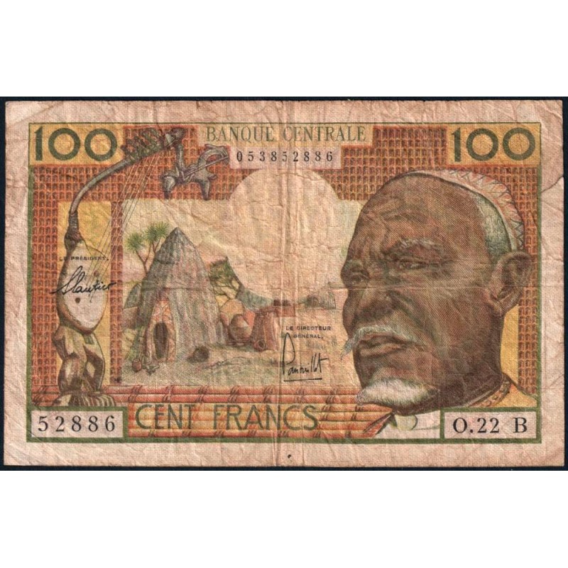 Centrafrique - Afrique Equatoriale - Pick 3b - 100 francs - Série O.22 - 1963 - Etat : B+