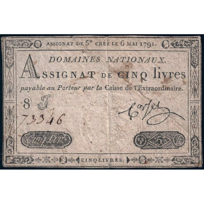 Assignat 12a - 5 livres - 6 mai 1791 - Série 8J - Etat : TB-