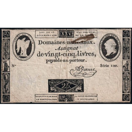 Assignat 22a - 25 livres - 16 décembre 1791 - Série 120 - Etat : TB-