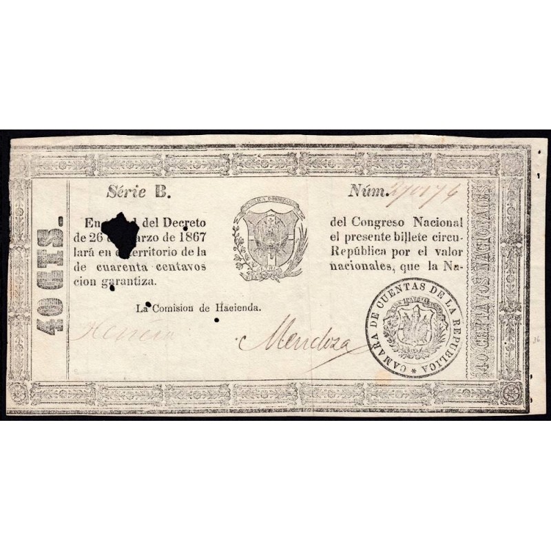 Rép. Dominicaine - Pick 38 - 40 centavos - Série B - 26/03/1867 - Etat : TB