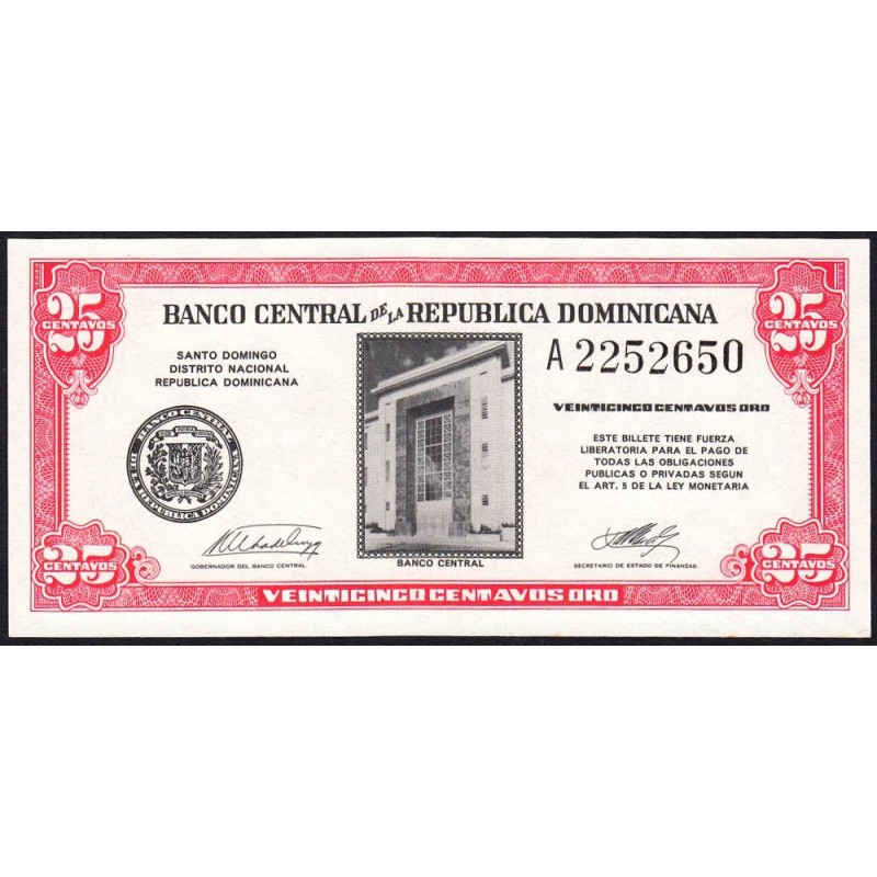 Rép. Dominicaine - Pick 87a - 25 centavos oro - Série A - 1962 - Etat : NEUF