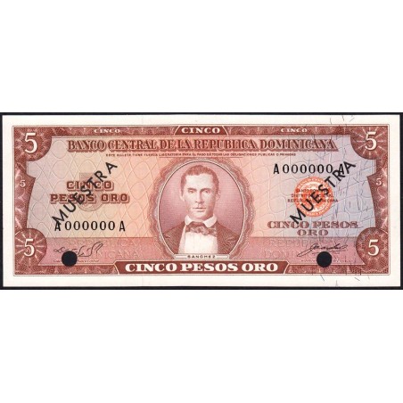 Rép. Dominicaine - Pick 100a_1s - 5 pesos oro - Série AA - 1965 - Spécimen - Etat : NEUF