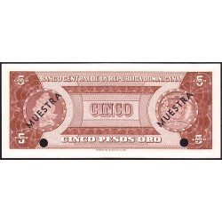 Rép. Dominicaine - Pick 100a_1s - 5 pesos oro - Série AA - 1965 - Spécimen - Etat : NEUF