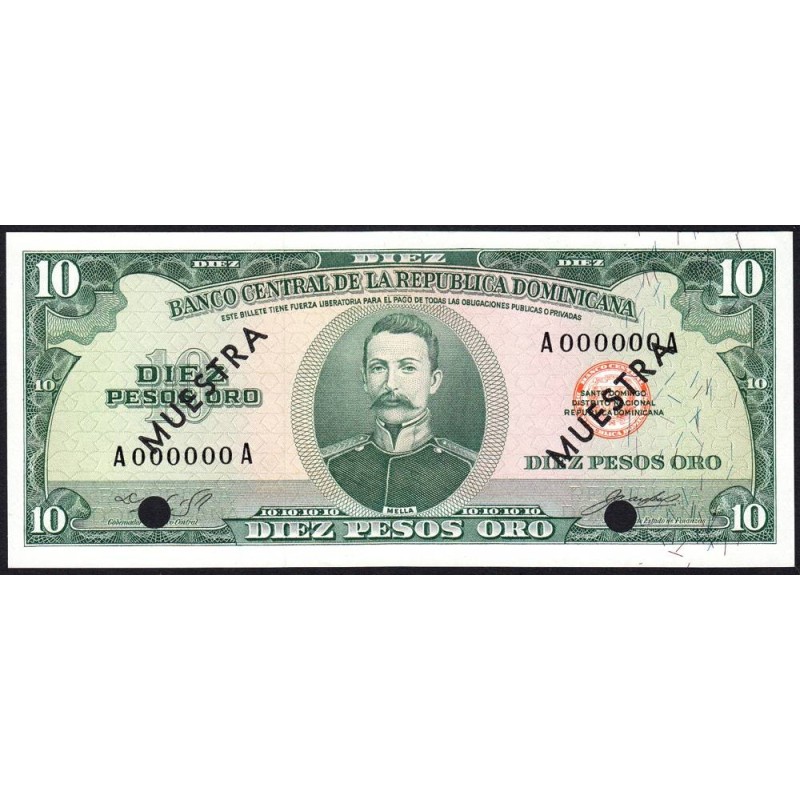 Rép. Dominicaine - Pick 101a_1s - 10 pesos oro - Série AA - 1965 - Spécimen - Etat : NEUF