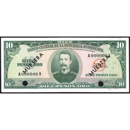 Rép. Dominicaine - Pick 101a_1s - 10 pesos oro - Série AA - 1965 - Spécimen - Etat : NEUF