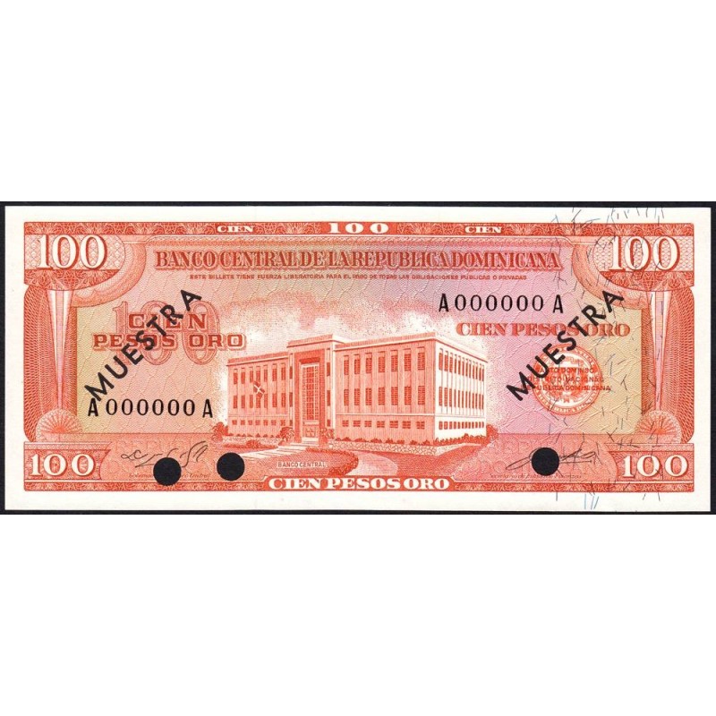 Rép. Dominicaine - Pick 104a_1s - 100 pesos oro - Série AA - 1965 - Spécimen - Etat : NEUF