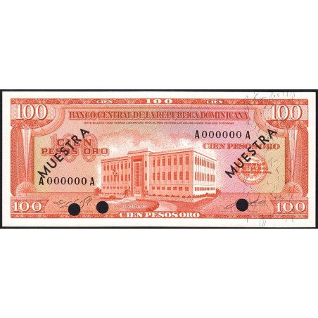 Rép. Dominicaine - Pick 104a_1s - 100 pesos oro - Série AA - 1965 - Spécimen - Etat : NEUF