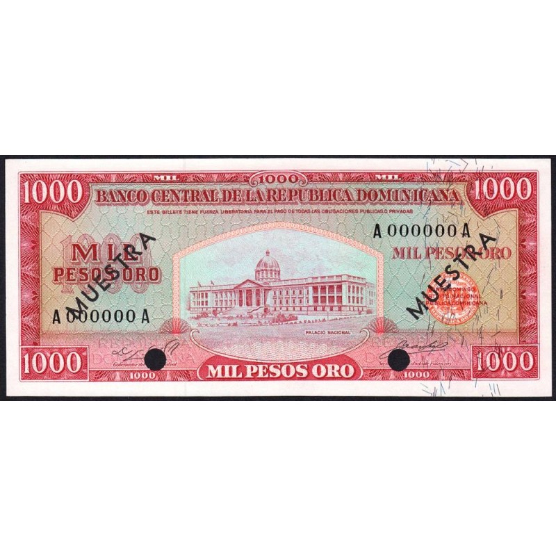 Rép. Dominicaine - Pick 106a_1s - 1'000 pesos oro - Série AA - 1965 - Spécimen - Etat : NEUF