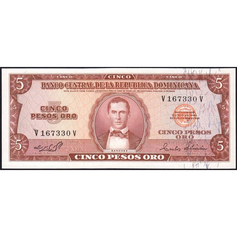 Rép. Dominicaine - Pick 109a_1 - 5 pesos oro - Série VV - 1975 - Etat : pr.NEUF