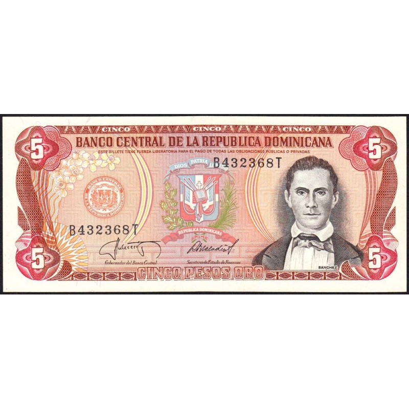 Rép. Dominicaine - Pick 118c_3 - 5 pesos oro - Série BT - 1978 - Etat : NEUF