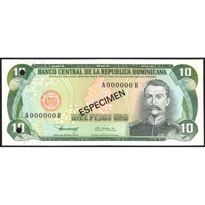 Rép. Dominicaine - Pick 119b_1s - 10 pesos oro - Série AR - 1980 - Spécimen - Etat : NEUF