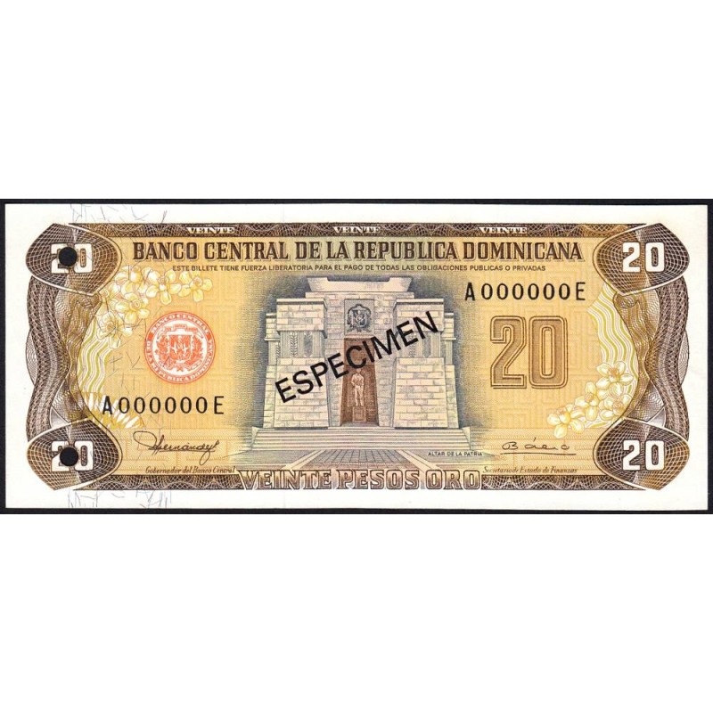 Rép. Dominicaine - Pick 120b_1s - 20 pesos oro - Série AE - 1980 - Spécimen - Etat : SPL+
