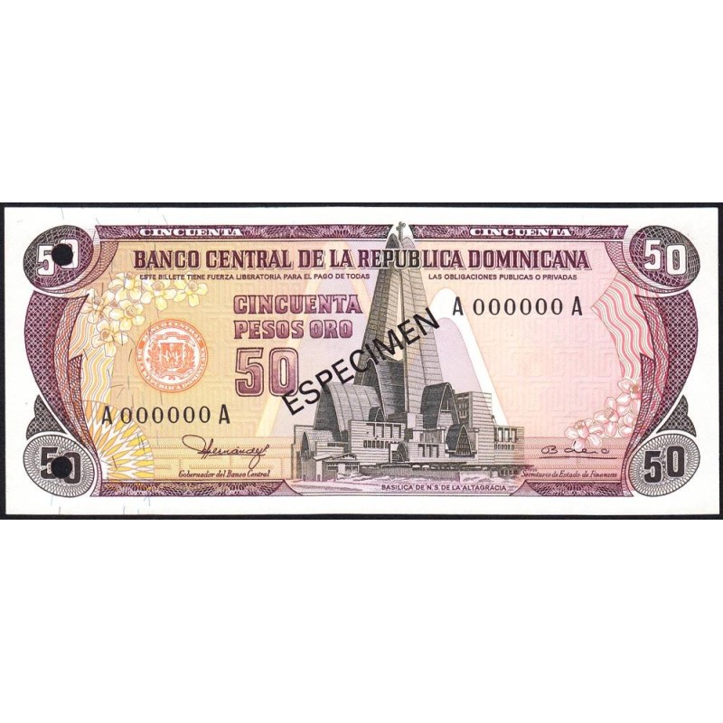Rép. Dominicaine - Pick 121a_2s - 50 pesos oro - Série AA - 1980 - Spécimen - Etat : NEUF